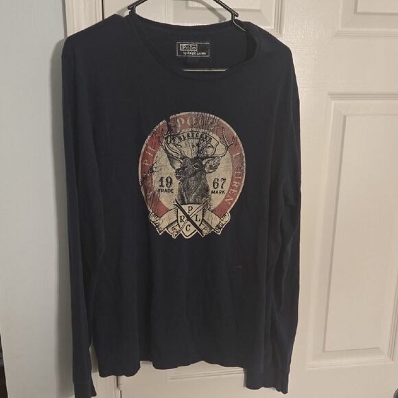 Polo by Ralph Lauren Vintage Men's Dark Blue Deer Graphic Long Sleeve Tee - Picture 1 of 6